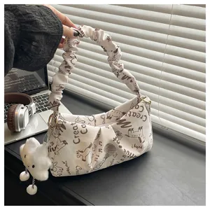 Borsa a spalla bianca casual con stampa di gatti e cavalli, manico arricciato e peluche.
