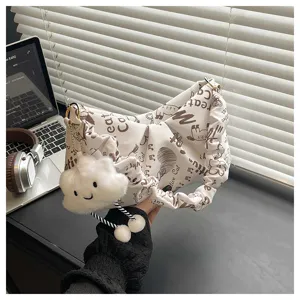 Borsa a tracolla arricciata alla moda con ciondolo a nuvola, borsa casual con stampa.