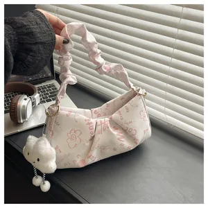 Borsa a spalla plissettata rosa con ciondolo a nuvola, borsa casual elegante per uso quotidiano.