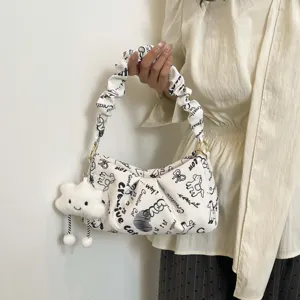 Borsa a tracolla bianca con ciondolo a nuvola carino, borsa alla moda con manico arricciato.