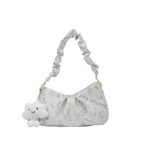 Borsa a tracolla stampata bianca alla moda con manico arricciato e simpatico ciondolo nuvola.