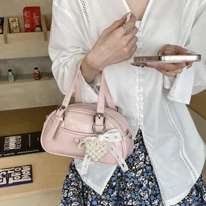 Pink bowling handbag women PU leather shoulder bag cute pearl bow crossbody bag commuter
