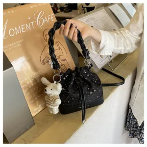Korean style pleated bucket bag for women, trendy canvas shoulder bag with cute bear pendant.