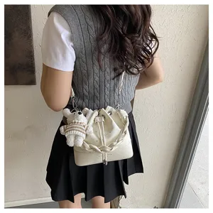 Korean style pleated bucket bag women fashion casual shoulder crossbody bag with cute pendant