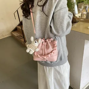 Korean style pink pleated bucket bag with cute plush rabbit charm casual shoulder bag