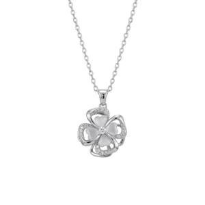 Silver four-leaf clover necklace with sparkling zirconia and white petals for women.