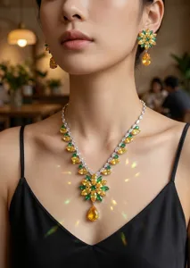 Colorful zirconia floral necklace and earrings set, elegant clavicle chain for women.