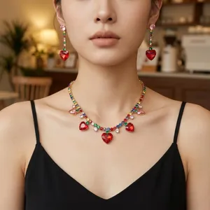 Fashion colorful zircon heart pendant necklace and drop earrings set for women jewelry