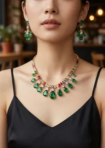 Detailed view of luxury colorful crystal necklace and flower drop earrings worn by model.