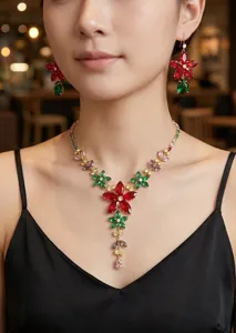Colorful zircon flower necklace and earrings set, elegant crystal collarbone jewelry.