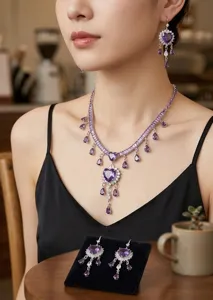 Elegant purple zircon heart necklace tassel earrings jewelry set for women fashion party gift