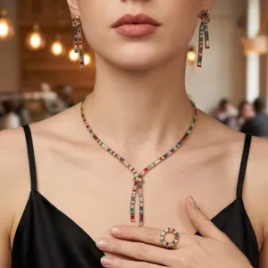 Fashion multicolor crystal zirconia jewelry set necklace earrings ring for women trendy style