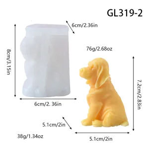 Silicone mold and finished dog candle detail view with clear dimensions and weight specs.