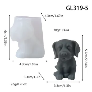 3D puppy silicone mold set for candle and plaster DIY, featuring clear dimensions and detailed specs.