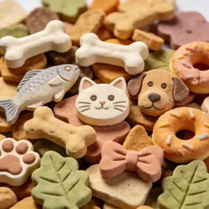 Detailed shot showcasing various cute shapes like bones, fish, and donuts for pet biscuits.