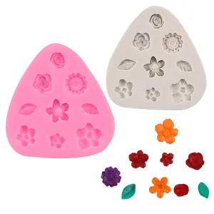 Silicone mini flower leaf mold detail view showing cavity patterns and finished craft pieces for DIY.