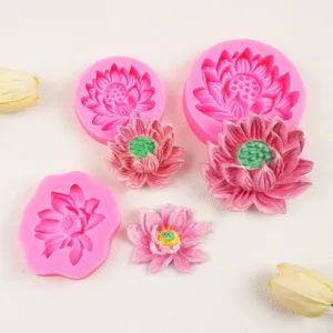 Detailed view of 3D lotus silicone molds and finished aromatherapy candle DIY craft items.