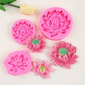 Close up detail showing 3D lotus flower silicone molds and finished decorative pieces.