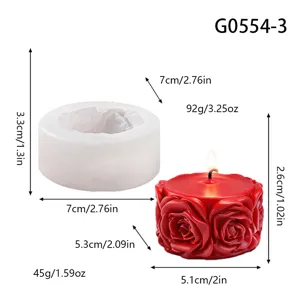 3D rose pillar silicone mold and scented candle detail showing product dimensions and weight specs.