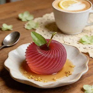 Gros plan exquis d'un dessert rouge brillant en forme de pomme sur une assiette blanche.