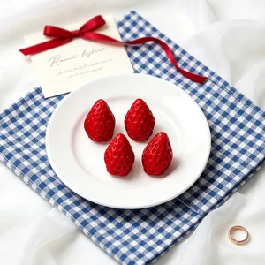 Vista dettagliata del piccolo stampo in silicone fragola per cioccolato e decorazione.