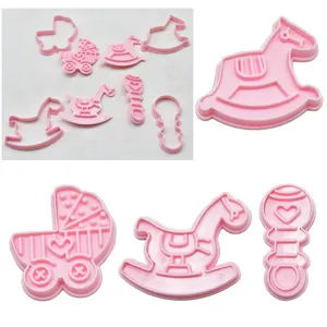 3D Pink Plastic Cookie Cutters Set Baby Carriage Rocking Horse Rattle Fondant Molds Baking Tools