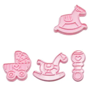 3D Pink Baby Rocking Horse Stroller Rattle Fondant Cookie Cutter Baking Mold Tool Set