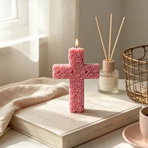 Molde de Silicona con Forma de Cruz de Flores de Rosa para Decoración de Velas Aromáticas DIY Herramienta de Repostería Hecha a Mano con Relieve Floral