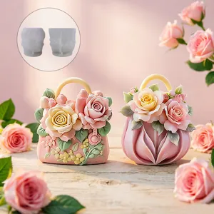 Moule en Silicone Sac à Main Fleur de Rose 3D Forme de Sac Floral Rétro pour Bougie DIY Plâtre Résine Savon Artisanat Décoration