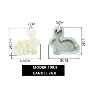 Vue détaillée des dimensions du moule en silicone lapin 3D et de la bougie florale.