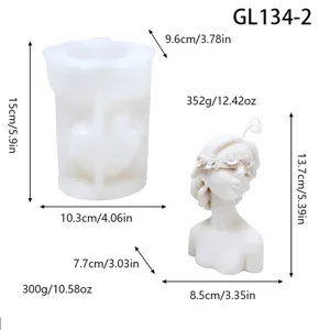 Abstract human portrait silicone mold and finished candle set with detailed size specs.