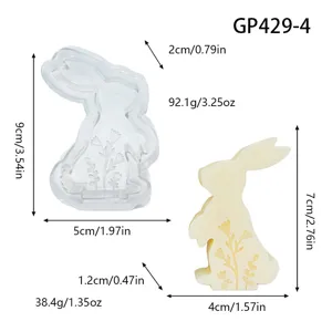 Schéma dimensionnel détaillé du moule en silicone lapin plante 3D et de la bougie finie.