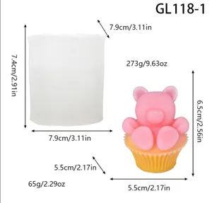 Silicone mold for scented candle and soap, cute bear cupcake shape with clear size dimensions.