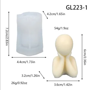 Abstract chin-supporting human figure silicone mold and finished candle DIY craft ornament.