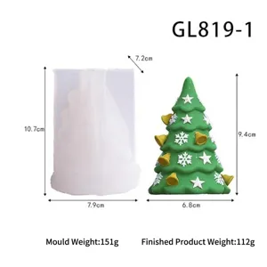 Vue détaillée du moule à bougie en silicone sapin de noël avec dimensions et poids.