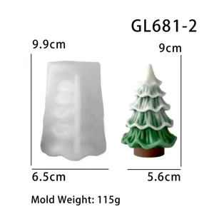 Détail du moule à bougie en silicone sapin de Noël avec dimensions claires et poids.