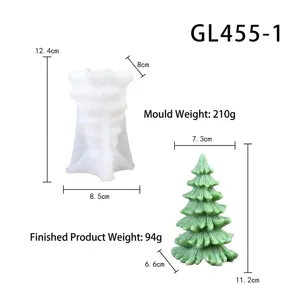 Tableau des spécifications du moule à bougie en silicone sapin de Noël avec dimensions.