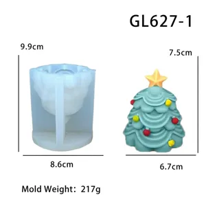 Moule à bougie en silicone sapin de Noël avec dimensions et produit fini pour bricolage.