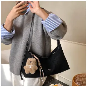 Stylish women's underarm shoulder bag with cute plush bear pendant casual daily commuting commuter