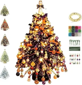 DIY beaded Christmas tree kit with Halloween ornaments and LED string lights