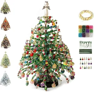 Complete DIY beaded Christmas tree craft kit with colorful beads and fairy LED lights
