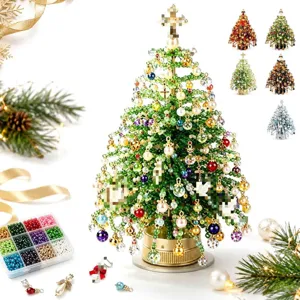 Handmade green beaded Christmas tree craft kit with multi-colored loose bead organizer box