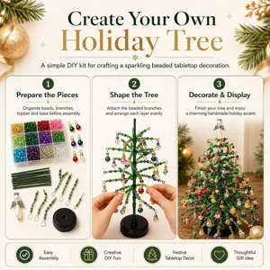 Step-by-step guide for DIY beaded holiday tree kit with colorful beads and angel topper.