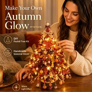 Handmade DIY beaded autumn glow tree kit featuring warm LED lights and maple leaf decor