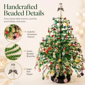 Handcrafted beaded Christmas tree with colorful ornaments and angel topper