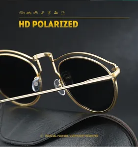 Lunettes de soleil polarisées à double pont doré détail, lunettes de soleil tendance métal chic.