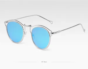 Lunettes de soleil rondes en métal tendance avec verres miroirs bleus pour hommes.