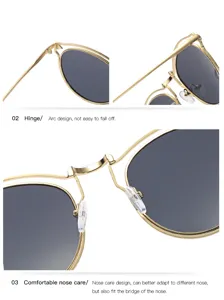 Lunettes de soleil à monture en métal doré avec plaquettes de nez confortables et charnière.