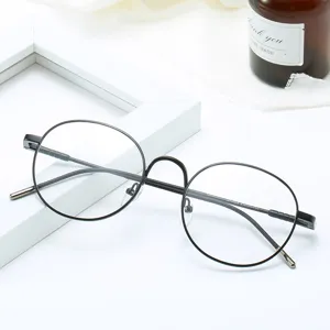 Klassische schwarze runde Metall-Optik-Brille, Retro Flachglas Brille für Studenten Alltag