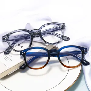 Gafas Anti-Luz Azul De Montura Redonda Retro Para Mujeres Hombres Color Gelatina Rayado Montura De Gafas De Moda Con Clavos De Arroz De Metal
